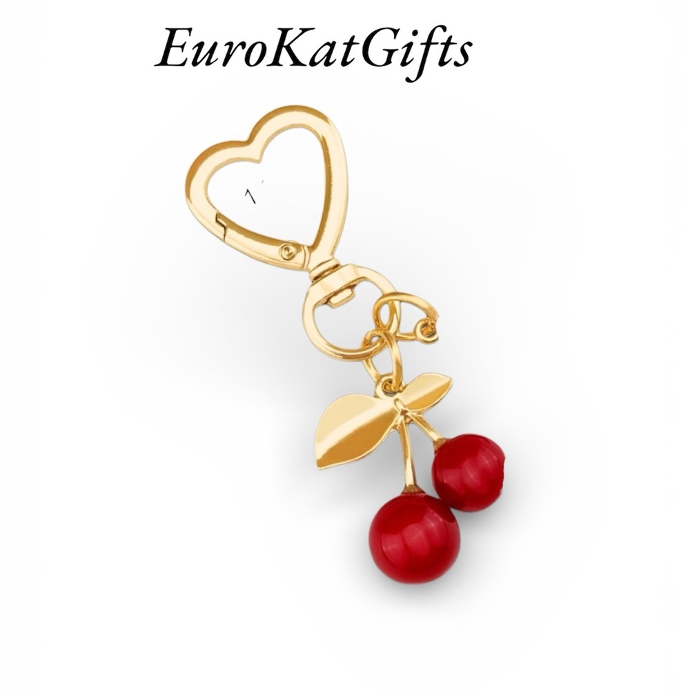 NEW Trending Cherry LA Gold and Red Cherry Bag Charm Heart Key clip Keychain NWT